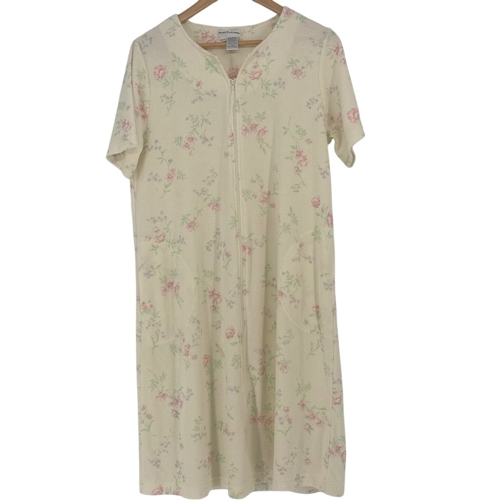 Miss Elaine 364435 Women M Robe Floral Terry Zip Front House Coat Short Sleeve